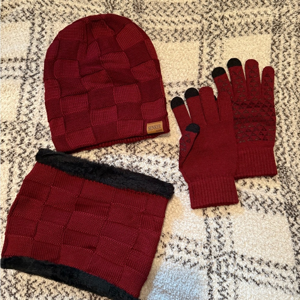 Red Knit Hat, Scarf, and Gloves Set